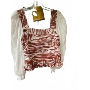 Love the Label Cropped Animal Print striped  Eyelet Smocked Blouse Size S